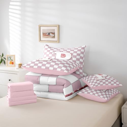 Image of Erosebridal Pink Initial P Full Comforter Set with Sheets 7 Piece Kawaii Plaid Checkered Bed in A Bag Cute Personalized Monogram Bedding Sets for Kids Girls Teen Women,Fashion Grids Gingham Bed Set