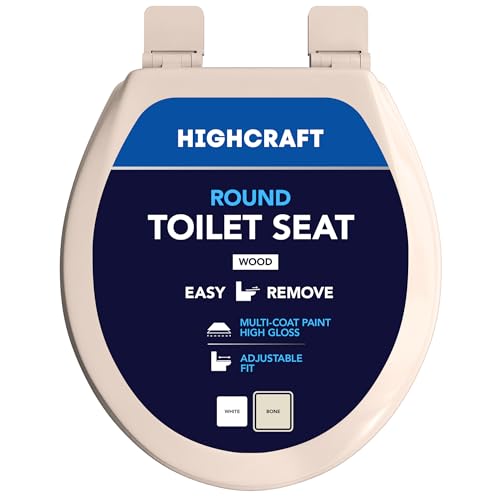 HIGHCRAFT Premium Round Toilet Seat with Adjustable Hinges & Quick Removal Mechanism - Molded Wood Toilet Seat - Fits Standard Round Toilets - Round Seat in Bone/Beige