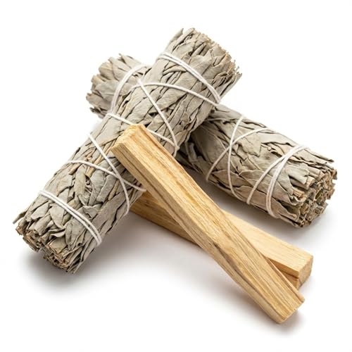 New Age Smudges and Herbs Smudge Kit - 2 California White Sage Smudge Stick for Cleansing (Salvia Apiana) with 2 Palo Santo Incense Sticks (Holy Wood) - Sage Bundles