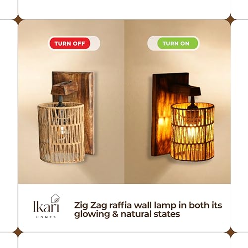 Image of Ikari Homes Rustic Wooden Wall Lamp I Cylindrical Raffia Shade I Vintage Wall Lamp I Boho Rattan Wall lamp for Bedroom /Balcony /Living Room /Outdoor /Entrance - Size 10 x 5 in (Zig Zag Raffia)