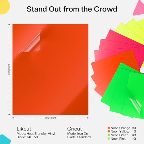 LIKCUT Neon Plotterfolie Textil, 12 Stück (30,5 cm × 25,4 cm) – Flexfolie für alle Plottermaschinen, Bügelfolie für Textilien, Iron-On-Folie zum Aufbügeln von DIY-Shirts (4 Farben)