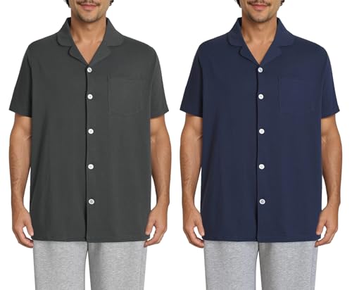 Esenchel Men's Cotton Knit Sleep Shirt Button Down Pajama Top 2 Pack