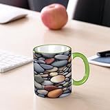 DZBDWZXH Green Handle Ceramic Coffee Mugs 11oz, (Pebble Stone) Print Restaurant Coffee Mug for Coffee,Cappuccino,Tea,Cocoa,Cereal - Image 7