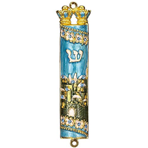 Matashi Hand Painted Mezuzah Gold Plated And Crystals (Blue & Green Enamel Mezuzah Jerusalem City) #TOP1