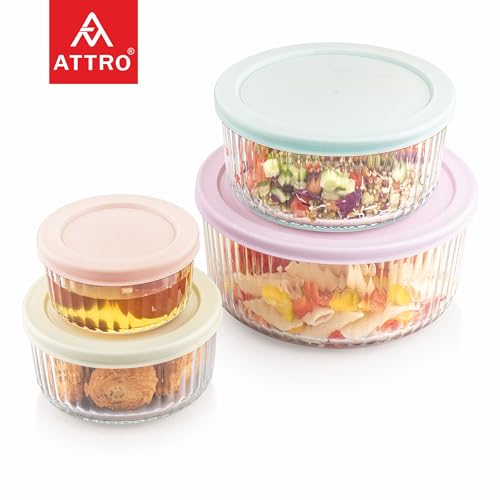 Image of ATTRO Glassox Borosilicate Store Fresh Striped Finish Round Containers with Lids-Microwave,Oven, fridge,dishwasher safe. Transparent-set of 4 (250ml, 470ml, 950ml, 1650ml) elegant-Mix Pastel Colors