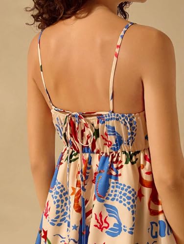 Image of NUFIWI Women Boho Graffiti Cami Mini Dress Spaghetti Strap Printed A Line Short Dress Backless Cut Out Colorful Sundress