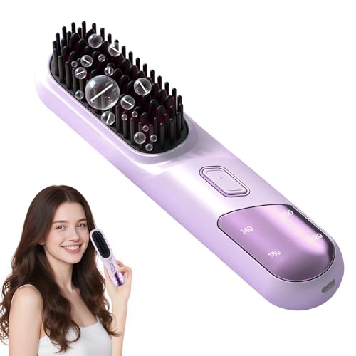 BANEALLEY Cordless Hair Straightener Brush, Portable Straightening Brush for Travel, Travel Hair Straightener for Women, Rechargeable & Anti-Scald & 4 Temperature Settings (Purple)