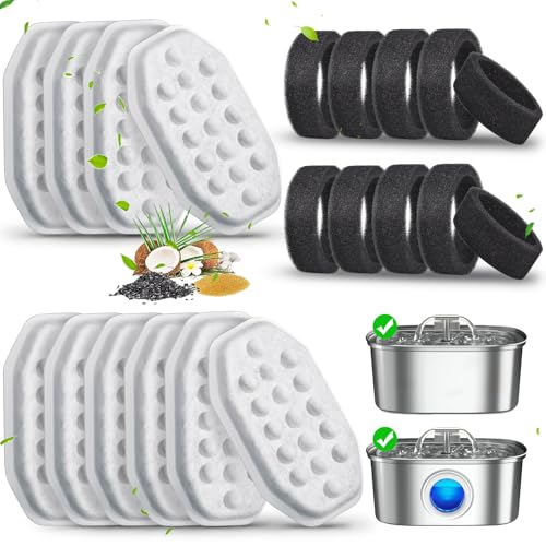 Image of 20 Pack Cat Water Fountain Filters-Cat Fountain Replacement Filters for Stainless Steel 3.2L /108oz Adjustable Water Flow Cat Fountain(10 Pack Pet Water Filter Refills+10 Pack Sponges)