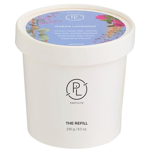 PartyLite Ocean Lavender Scented Candle Refill Notes of Vanilla Sea Salt Driftwood Sea Moss Patchouli & Eucalyptus 10oz 1-Wick Aromatherapy 40 Hours of Luxury Fragrance Sustainable Soy Wax