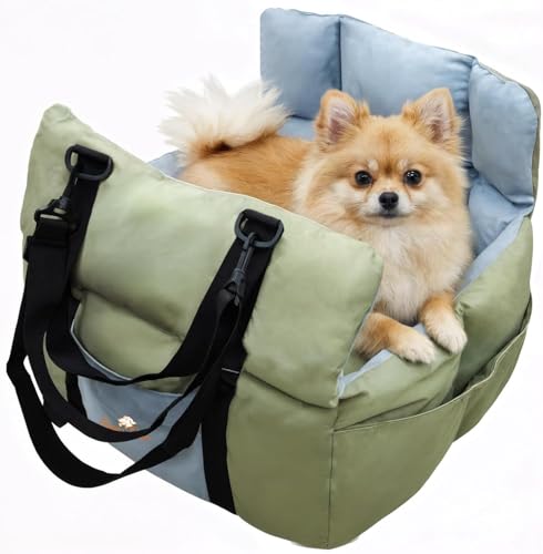 Seggiolino Auto per Cani di Piccola Media Taglia Sotto i 10 kg Trasportino Lettino per cani auto Rimovibile Lavabile con Cintura di Sicurezza, Verde e Azzurro Chiaro