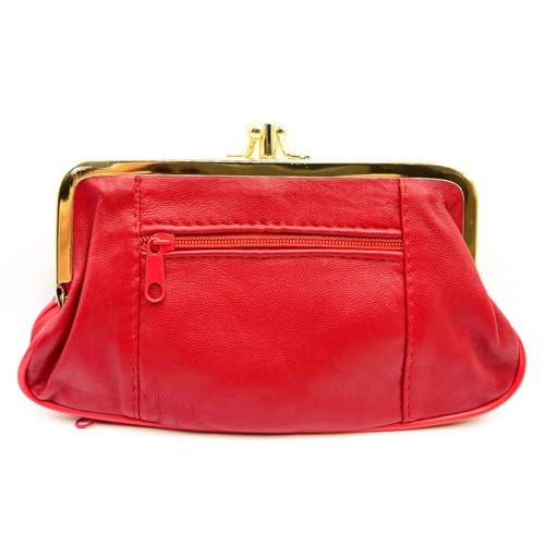 Charmoni - Grande Portefeuille Porte Monnaie Femme - à Fermeture clic clac Fermoir - Poche zippée - en Cuir d'agneau (Rouge)