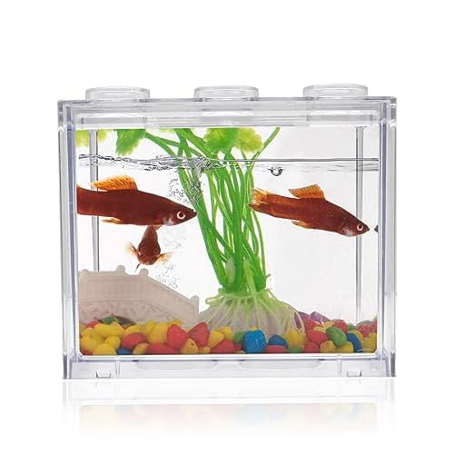 WishLotus Small Fish Tank, Durable and Simple Building Block Betta Aquarium with Exhaust Holes Detachable and Stackable Square Mini Fish Tank for Shrimp, Betta, Small Crab Habitats (Transparent, A)