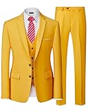 YND Men's 3 Piece Suit Set with Tie, 2 Button Slim Fit Solid Blazer Jacket Vest Pants, Business Wedding Party Suits for Men, Yellow