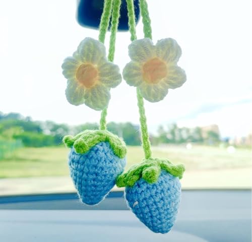Image of VRB Dec 1 Pcs Crochet Flower for car Dashboard Decoration Items,Car Hanging Crochet Flower,Sunflower Decoration for Car,Car Mirror Hanging Accessories, (Hanging Strawberry Blue Crochet - 1 Pcs)