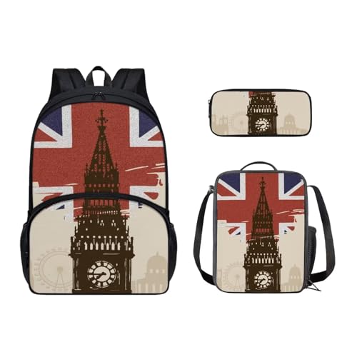 Agoviwo Big Ben Print Backpack for School Girls 8-10 Years Y2k Backpack Bookbag with Portable Lunch Bag and Pencil Case