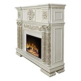 ACME Furniture Vendome 59' x 16' Traditional Wood LED Electric Fireplace with Raised Scrolled Trim, Adjustable Temperature Timer, in Antique Pearl Finish