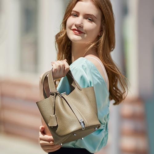 Genuine leather handbag for women with lock design,Versatile bucket bag with inner bag,Basket shoulder bag2