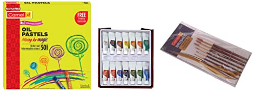 Image of Camel Oil Pastel (50 Shades) & Camlin Kokuyo Artist 40ml Acrylic Color Shade - 12 Shades Paint Brush Series 66 - Round Synthetic Gold, Set of 7