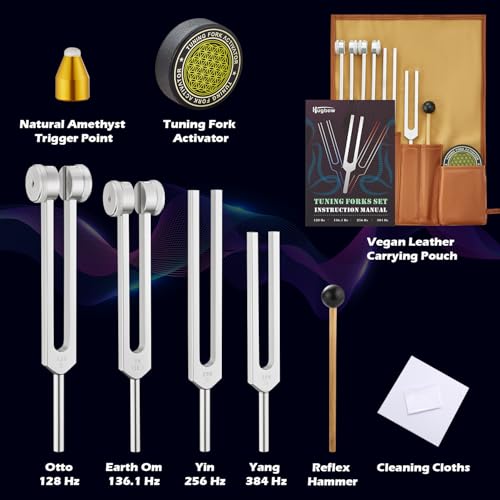 Tuning Forks for Healing, Aluminum Alloy Tuning Fork 128Hz, 136.1Hz, 256Hz, 384Hz, Hockey Puck Activator & Gem feet, Weighted & Unweighted Tuning Fork Set with Vegan Leather Pouch - Image 3