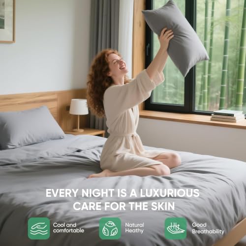 Image of TWK Real 100% Viscose Derived from Bamboo Sheets Set Full Size, Cooling & Silky Soft for Hot Sleeper, Breathable & Moisture Wicking Fabric, 18 inch Deep Pocket with Corner Straps (Gray, Full)