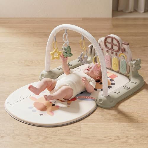 Image of Baybee 2 IN 1 Premium Play Gym for Babies I Baby Playing mat for Kids with Lights, Music & Hanging Toys I Portable Play Mat for New Born Baby with Growth Scale I Learning Baby Toys for 0 to 3 Year (Green)