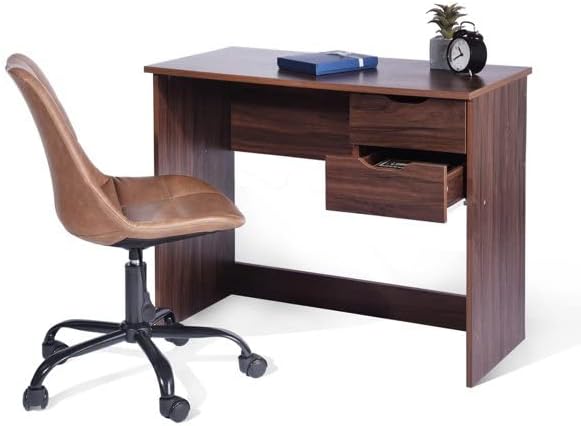 Computadora oficina en casa 2 cajones, escritura de estudio de 35.4 pulgadas, ahorra espacios para habitaciones pequeñas, mesa de madera para