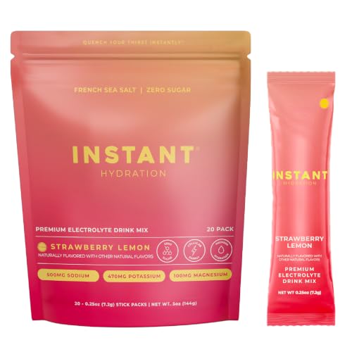 Image of Instant Hydration Sugar Free Electrolytes Powder Packets - Strawberry Lemon Electrolyte Drink Mix & Travel Essentials - Post Workout Recovery, Brain Health, Muscle & Tissue Support - 20 Sticks