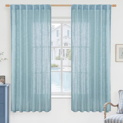 LAMIT Sheer Linen Curtains 63 Inch for Bedroom, Light Filtering Country Decor Semi Sheer Farmhouse Boho Curtains Back Tab and Rod Pocket Living Room Panels, Stone Blue, 2 Panels, 52 x 63 Inch