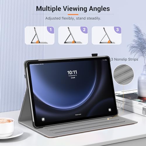 Image of MoKo Case for Samsung Galaxy Tab S9 FE 5G 10.9-Inch 2023, Multi-Angle Stand Case Cover for Galaxy Tab S9 FE (SM-X510 /SM-X516 /SM-X518) with S Pen Holder, Auto Wake /Sleep, Front Pocket,Denim Grey&Brown