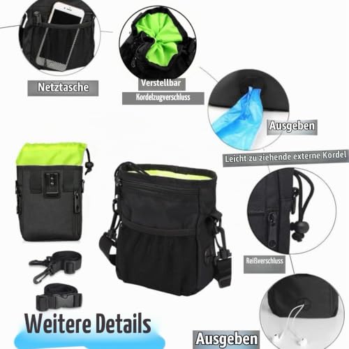 HANWELL Futterbeutel für Hunde Leckerlies, Hundeleckerlitasche mit Poop Spender-Verstellbarer Taillen/Schulterriemen, Mehrfachtaschen für Tragende Hunde Kibble und Spielzeug - Wasserdichtes, Schwarz