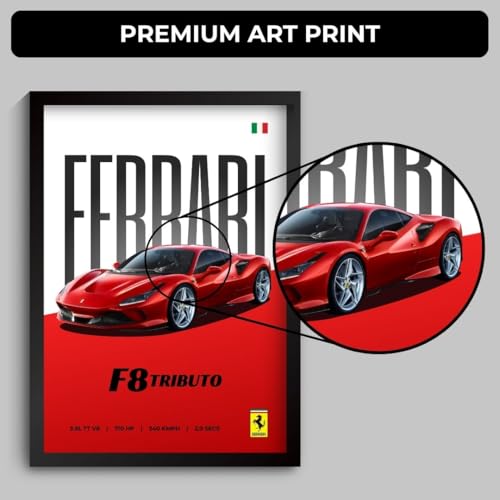 Image of Funk You Store Ferrari Poster | Framed Ferrari F8 Tributo A4 Sized (31 x 23 cm) | Supercar Posters | Car Poster for Wall, Gift for Boys | Car Frames for Wall, Bedroom, Hostel, Study Room (F 012)