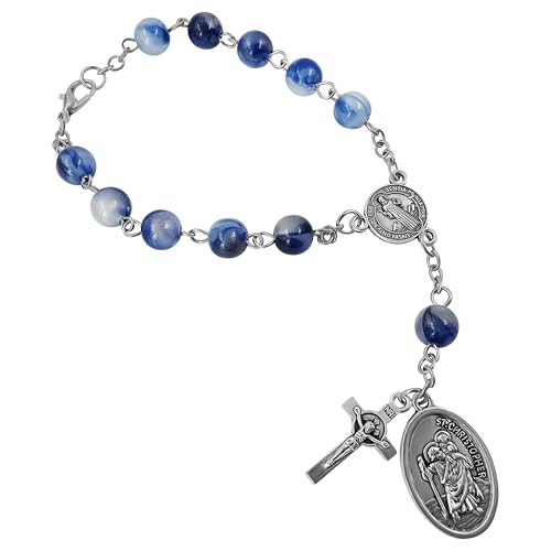 TALISMAN4U Saint Benedict One Decade Rosary for Car Rearview Mirror St Christopher Medal 8mm Glass Prayer Beads Catholic Evil Protection Auto Rosary Bracelet for Women Men