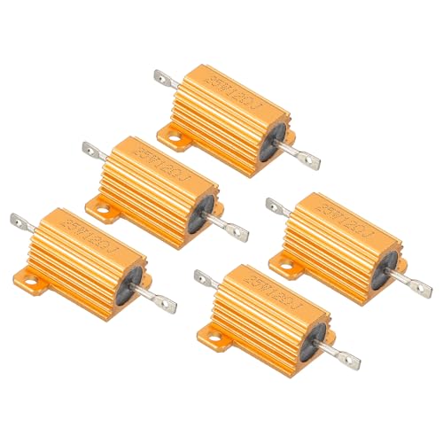 PATIKIL 25W 12 Ohm Aluminum Shell Resistor, 5 Pack Aluminum Housing Resistor Housed Case Wirewound Resistors Screw Tap Power Resistor 5% Tolerance, Golden