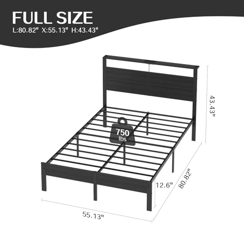 Image of Liians Metal Bed Frame Full with Storage Headboard, LED Lights and USB Charging, Noise-Free Platform Bed, No Box Spring Needed, Easy Assembly-Black