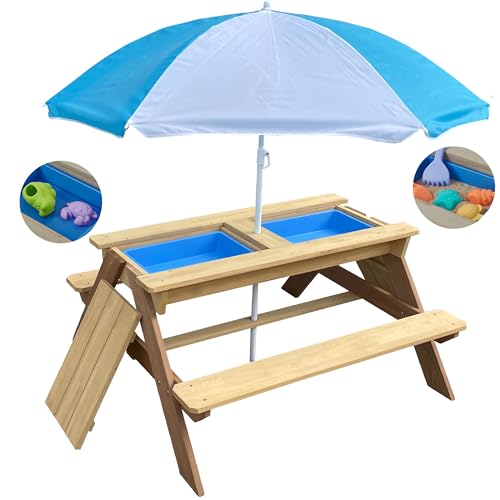 BTExpert Kids 3-in-1 Sand Water Activity Table Wooden Outdoor Convertible Picnic Table Bench Adjustable Umbrella Removable Top 2 Play Boxes Toy Set 37 x 35 in