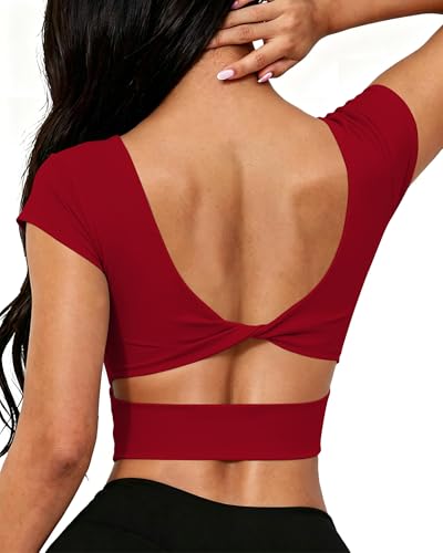 Image of DaiLiWei Open Back Workout Tops for Women Short Sleeve Longline Sports Bras Support Crop Tank Yoga Shirts with Built in Bra