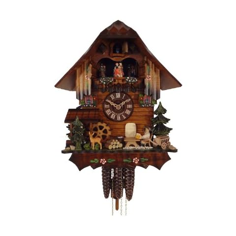 August Schwer Cuckoo Clock Black Forest House with Moving Beer Drinker, Deer Cover