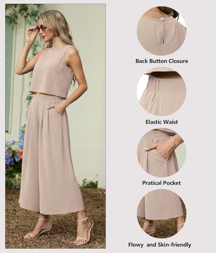Lepunuo Women's Summer 2-Piece Outfit Set with Sleeveless Crop Top & Wide Leg Pants