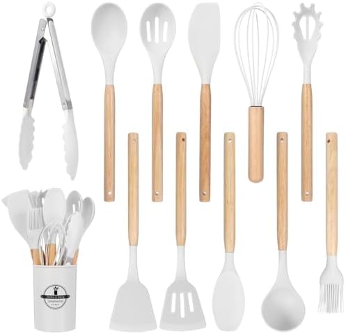 12 Pcs Kitchen Utensils Set, 446°F Heat Resistant Silicone Cooking Utensils Set, Non-Toxic Wooden Utensil Set, Kitchen Gadgets Tools Set for Nonstick Cookware, Kitchen Accessories, White