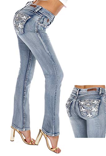 Jack David/LA Idol/Sexy Couture Women's Rhinestone Mid Rise Bootcut/Skinny Blue Stretchy Denim Jeans Pants3
