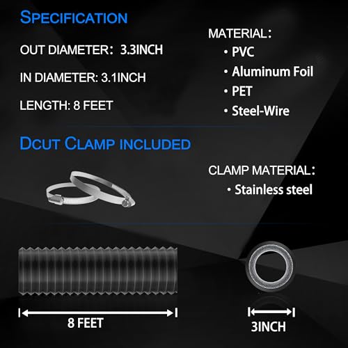 TEAIERXY 3 Inch 8 Feet Dryer Vent Hose,Flexible Insulated Air Ducting,Diesel Heater Hose PVC Aluminum Foil with 2 Clamps for HVAC Ventilation(Black)