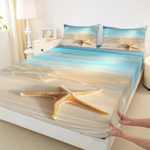 Image of jejeloiu Beach Scenery Bed Sheets Set Full Size Ocean Bed Set Coastal Nautical Deep Pocket Fitted Sheet Starfish Seashell Conch Breathable Soft Lightweight Microfiber