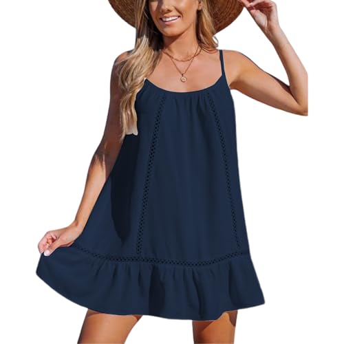 crazy bean Vestido Verano Mujer Sin Mangas Vestido de Playa de Moda Corto con Tirantes Finos y Aberturas Cover Ups Mini Vestido Elegante Talla Única Azul Marino