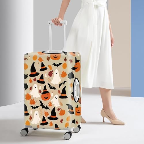 Image of Halloween Luggage Cover - Ghost Pumpkin Bat and Witch Hat Design - Festive Travel Suitcase Protector - Fits 28 to 30 Inch Luggage,L