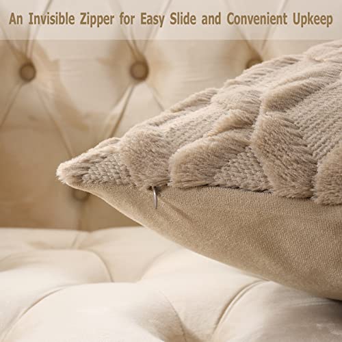 Volcanics Pack of 2 Faux Wool Throw Pillow Covers 20x20 Inches Decorative Farmhouse Velvet Couch Pillow Case Soft Plush Square Boho Cushion Pillowcase, Light Brown