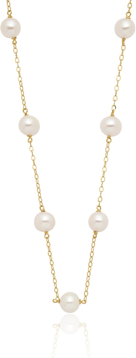IceCarats 10K Solid Yellow Gold 5.5mm Freshwater Pearl Station Cable Chain Necklace 16 inch Prong Set For Her