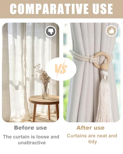 4 Pcs Boho Curtain Tiebacks Macrame Cotton Tassel Tiebacks Handmade Woven Rope Holdbacks with Leaf Design Beige Curtain Tassel Tiebacks for Indoor Outdoor Drapes Living Room Bedroom Patio Deco