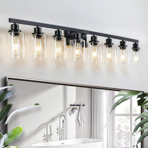 Image of 8 Light Bathroom Vanity Lights Over Mirror, 52inch Black Vanity Lights Fixtures Matte Black Modern Vanity Lights Black Bathroom Wall Lighting for Mirror Bedroom,Living Room