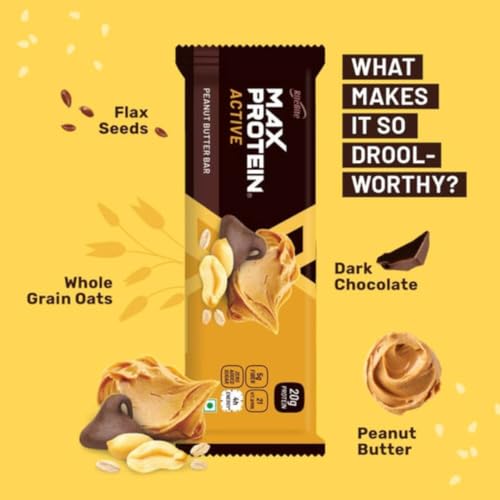 Image of RiteBite Max Protein Active Peanut Butter Protein Bars with 20g Protein, 5g Fiber & 21 Vit. & Minerals | 0 Added Sugar, No Cholesterol & Trans Fat For Upto 4h of Energy, Healthy Snack, 70g (Pack of 12)