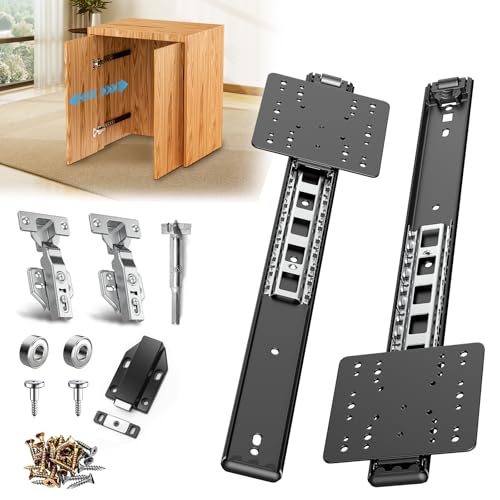 Image of 14in Pocket Door Hardware Slide 1 Set,Cabinet Hidden Sliding Pocket & Pivot Door Rail with Hinge for Heavy Duty Furniture,Soft Close Retractable Hardware Kit for Kitchen & Recessed Wardrobe
